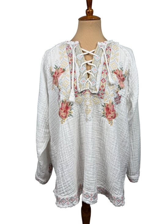 Johnny Was Tops - Johnny Was White Embroidered Gauze Blouse XL Boho Peasant Long Sleeve Cotton Top